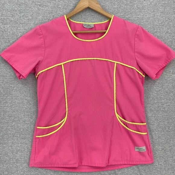 Urbane Scrub Top Womens M/L Pink Yellow Nursing Vet Medical Uniform Short Sleeve - Picture 1 of 8